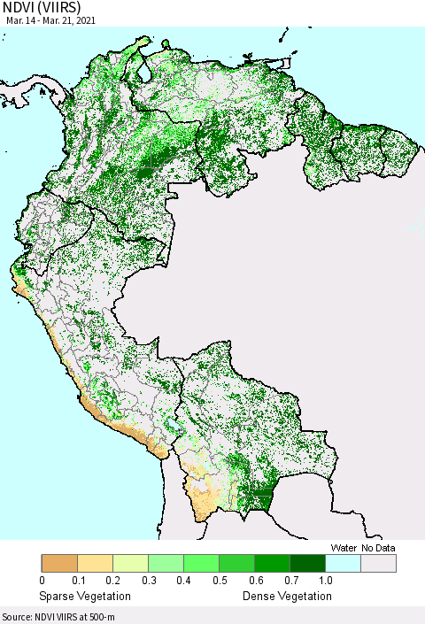 Northern South America NDVI (VIIRS) Thematic Map For 3/14/2021 - 3/21/2021