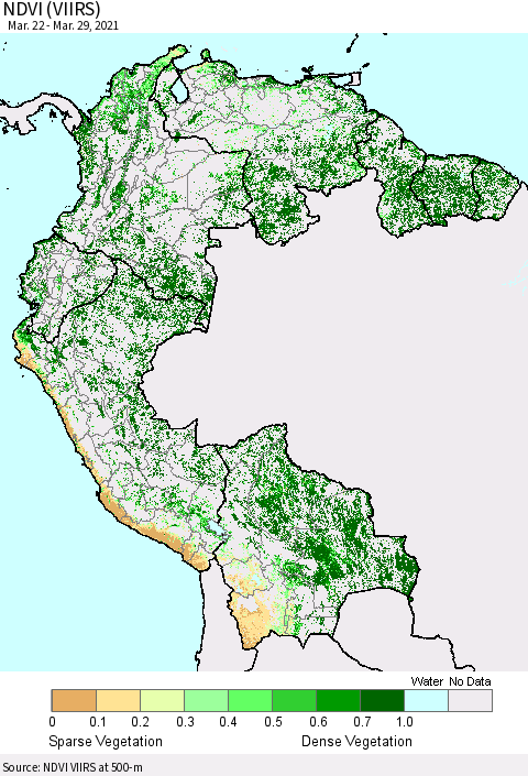 Northern South America NDVI (VIIRS) Thematic Map For 3/22/2021 - 3/29/2021