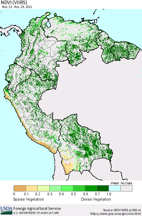 Northern South America NDVI (VIIRS) Thematic Map For 3/21/2021 - 3/31/2021