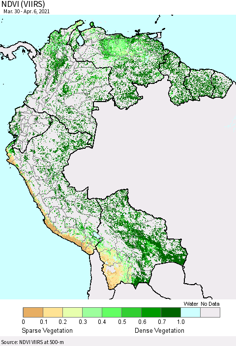 Northern South America NDVI (VIIRS) Thematic Map For 3/30/2021 - 4/6/2021
