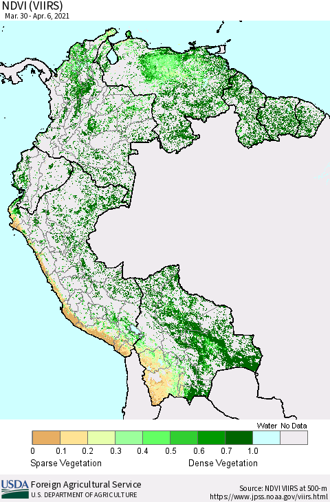 Northern South America NDVI (VIIRS) Thematic Map For 4/1/2021 - 4/10/2021
