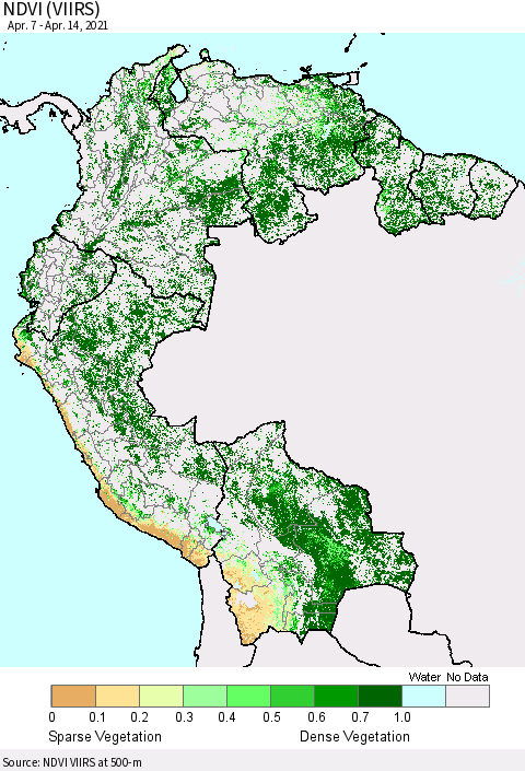 Northern South America NDVI (VIIRS) Thematic Map For 4/7/2021 - 4/14/2021