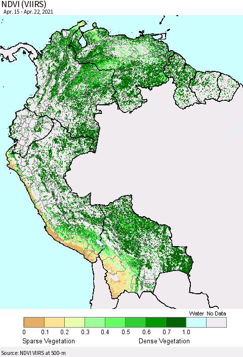 Northern South America NDVI (VIIRS) Thematic Map For 4/15/2021 - 4/22/2021