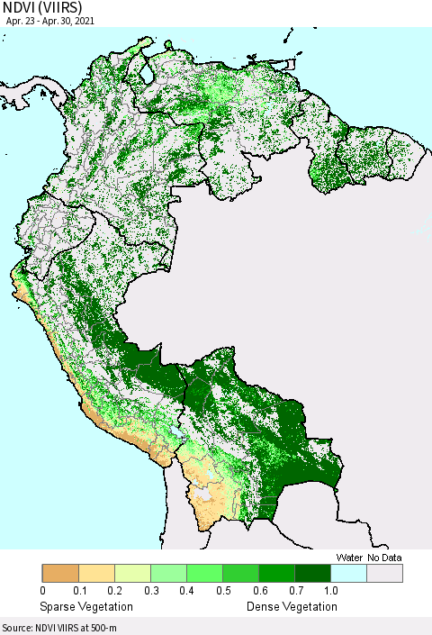 Northern South America NDVI (VIIRS) Thematic Map For 4/21/2021 - 4/30/2021