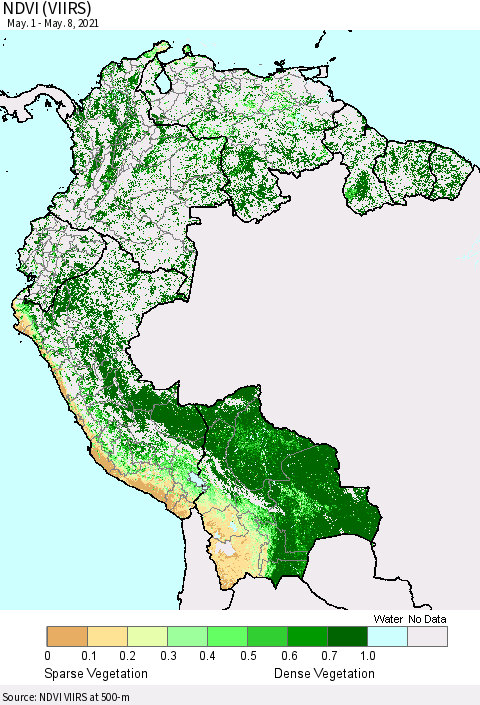 Northern South America NDVI (VIIRS) Thematic Map For 5/1/2021 - 5/8/2021