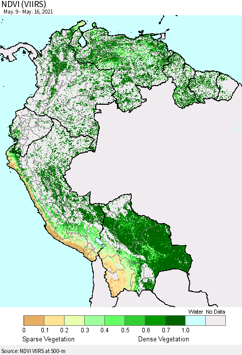 Northern South America NDVI (VIIRS) Thematic Map For 5/9/2021 - 5/16/2021