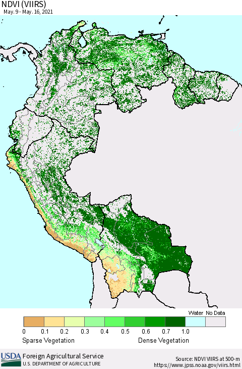 Northern South America NDVI (VIIRS) Thematic Map For 5/11/2021 - 5/20/2021