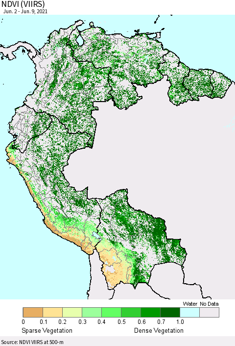Northern South America NDVI (VIIRS) Thematic Map For 6/2/2021 - 6/9/2021