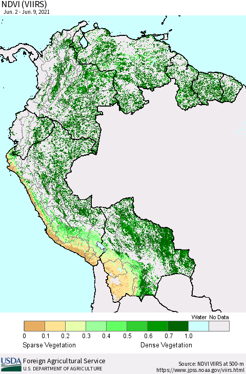 Northern South America NDVI (VIIRS) Thematic Map For 6/1/2021 - 6/10/2021
