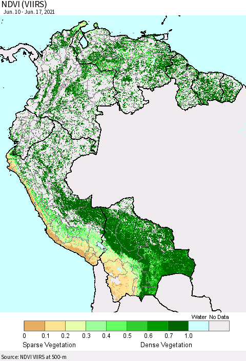 Northern South America NDVI (VIIRS) Thematic Map For 6/10/2021 - 6/17/2021