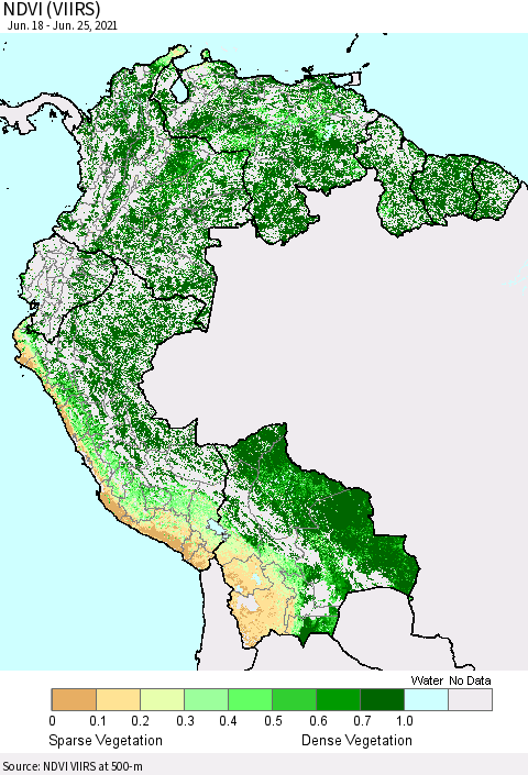 Northern South America NDVI (VIIRS) Thematic Map For 6/18/2021 - 6/25/2021