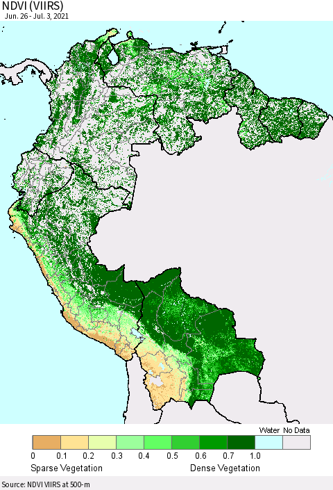Northern South America NDVI (VIIRS) Thematic Map For 6/26/2021 - 7/3/2021