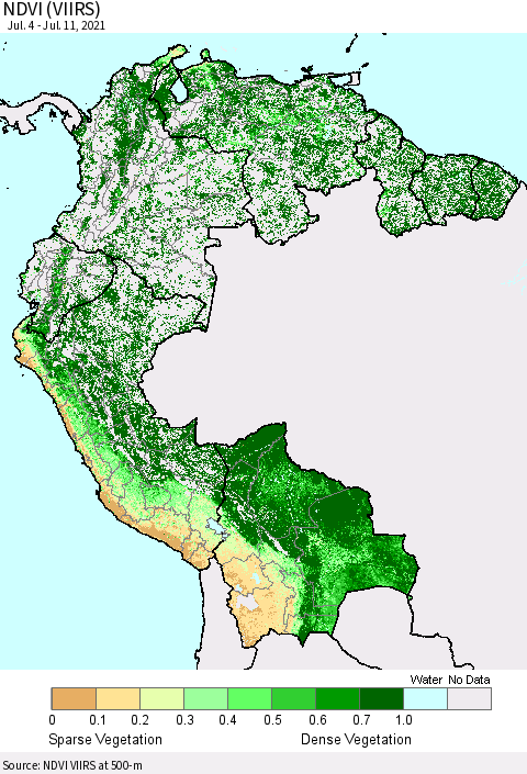 Northern South America NDVI (VIIRS) Thematic Map For 7/4/2021 - 7/11/2021