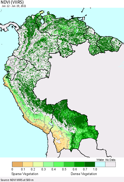 Northern South America NDVI (VIIRS) Thematic Map For 7/12/2021 - 7/19/2021