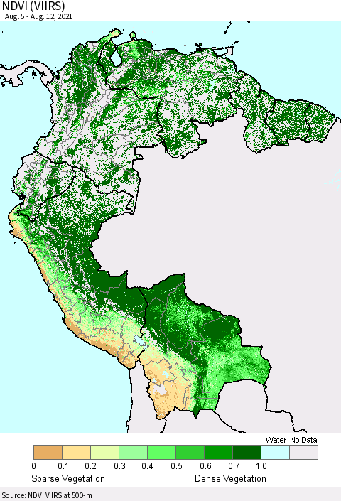 Northern South America NDVI (VIIRS) Thematic Map For 8/5/2021 - 8/12/2021