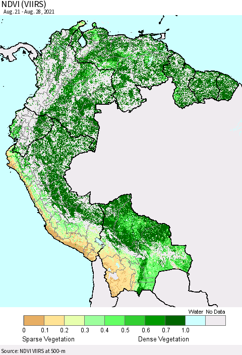 Northern South America NDVI (VIIRS) Thematic Map For 8/21/2021 - 8/28/2021