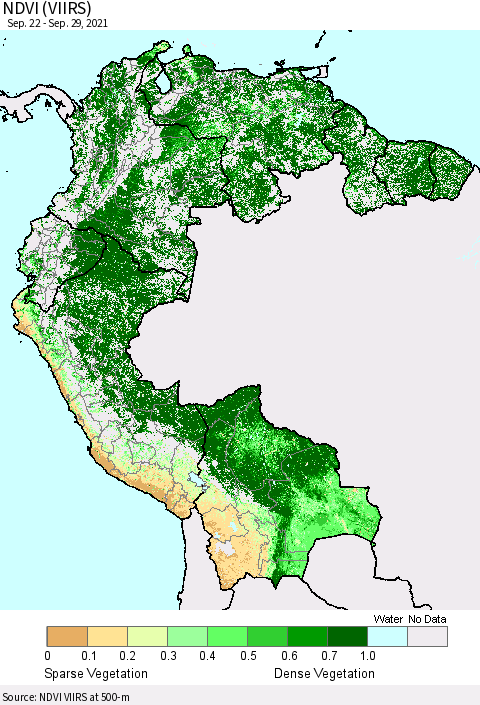 Northern South America NDVI (VIIRS) Thematic Map For 9/22/2021 - 9/29/2021