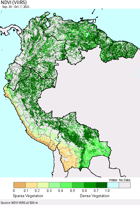 Northern South America NDVI (VIIRS) Thematic Map For 9/30/2021 - 10/7/2021