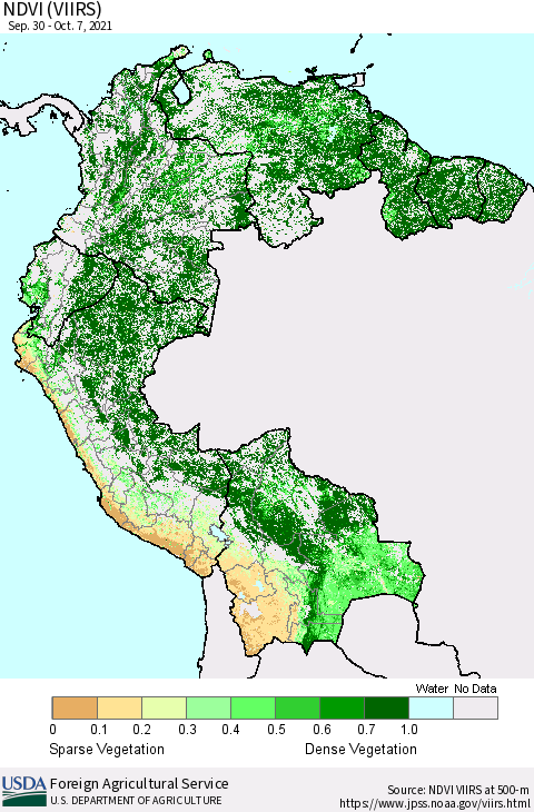 Northern South America NDVI (VIIRS) Thematic Map For 10/1/2021 - 10/10/2021