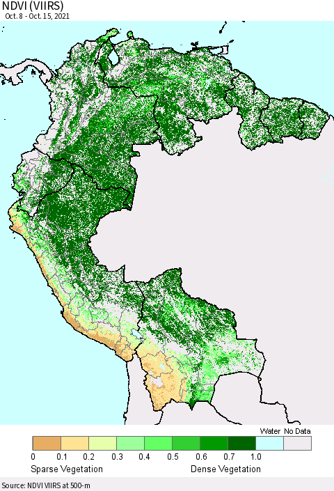 Northern South America NDVI (VIIRS) Thematic Map For 10/8/2021 - 10/15/2021