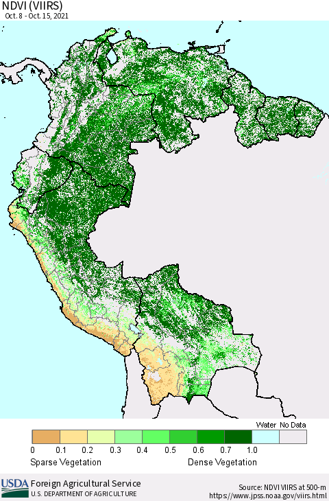 Northern South America NDVI (VIIRS) Thematic Map For 10/11/2021 - 10/20/2021