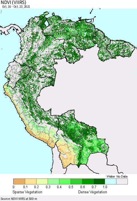 Northern South America NDVI (VIIRS) Thematic Map For 10/16/2021 - 10/23/2021