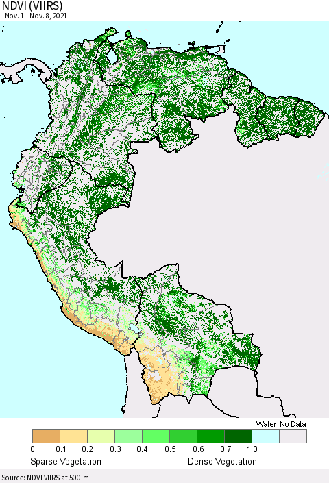 Northern South America NDVI (VIIRS) Thematic Map For 11/1/2021 - 11/8/2021