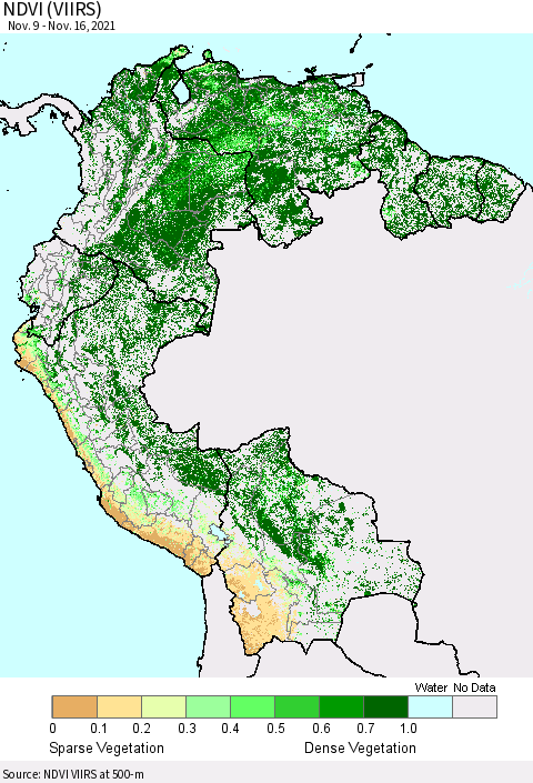 Northern South America NDVI (VIIRS) Thematic Map For 11/9/2021 - 11/16/2021