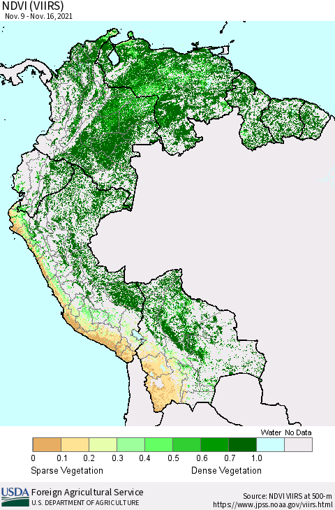 Northern South America NDVI (VIIRS) Thematic Map For 11/11/2021 - 11/20/2021