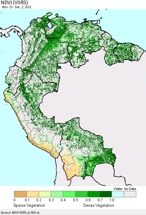 Northern South America NDVI (VIIRS) Thematic Map For 11/25/2021 - 12/2/2021