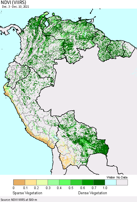 Northern South America NDVI (VIIRS) Thematic Map For 12/1/2021 - 12/10/2021
