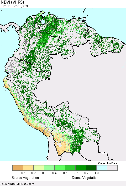 Northern South America NDVI (VIIRS) Thematic Map For 12/11/2021 - 12/18/2021