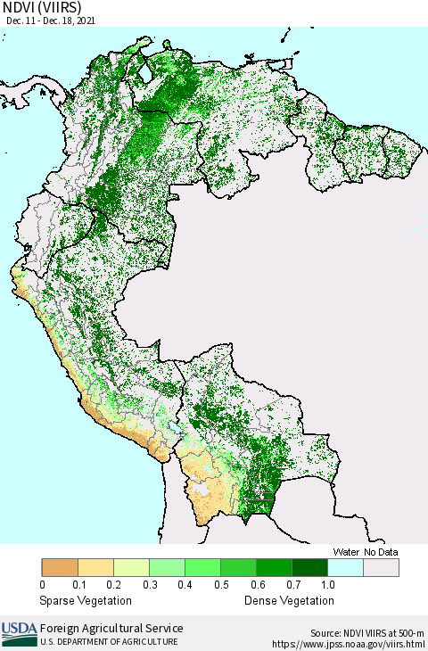 Northern South America NDVI (VIIRS) Thematic Map For 12/11/2021 - 12/20/2021