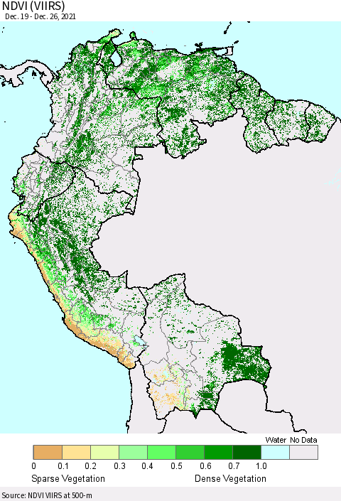 Northern South America NDVI (VIIRS) Thematic Map For 12/19/2021 - 12/26/2021