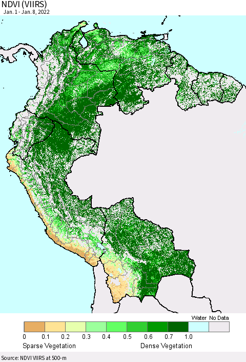 Northern South America NDVI (VIIRS) Thematic Map For 1/1/2022 - 1/8/2022