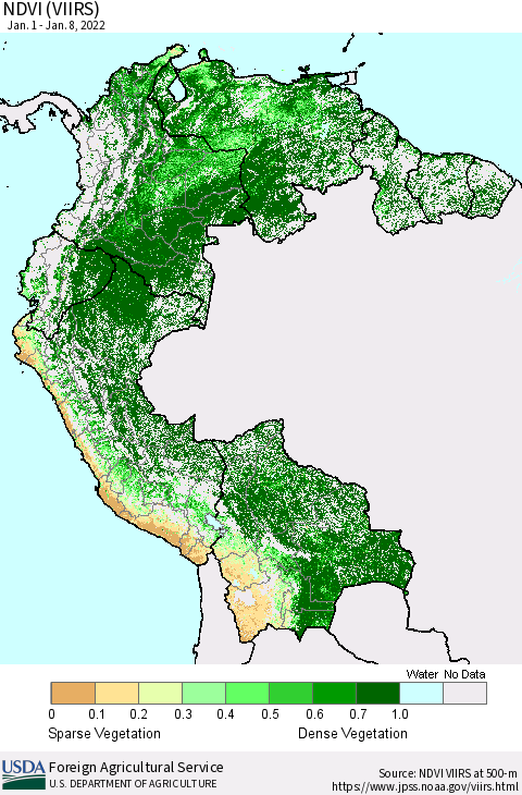 Northern South America NDVI (VIIRS) Thematic Map For 1/1/2022 - 1/10/2022