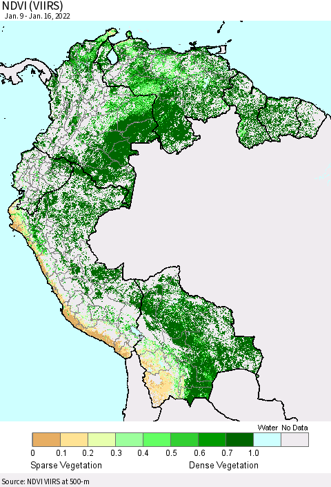 Northern South America NDVI (VIIRS) Thematic Map For 1/9/2022 - 1/16/2022