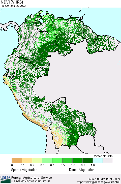 Northern South America NDVI (VIIRS) Thematic Map For 1/11/2022 - 1/20/2022