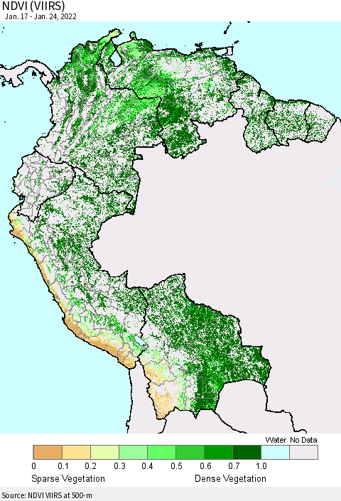 Northern South America NDVI (VIIRS) Thematic Map For 1/17/2022 - 1/24/2022