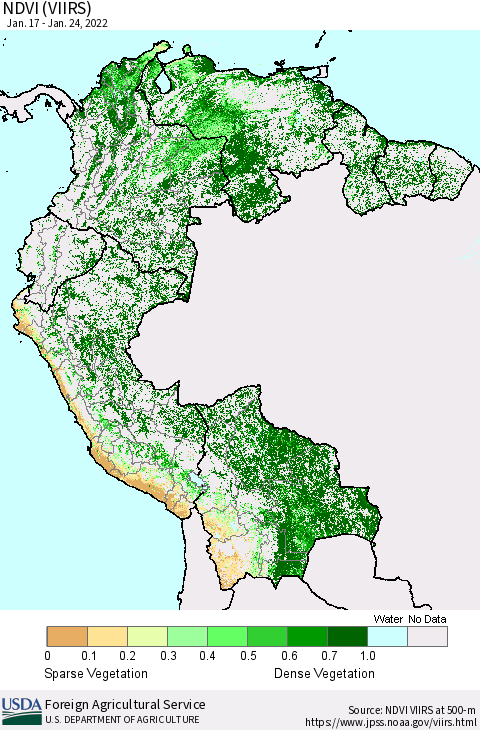 Northern South America NDVI (VIIRS) Thematic Map For 1/21/2022 - 1/31/2022