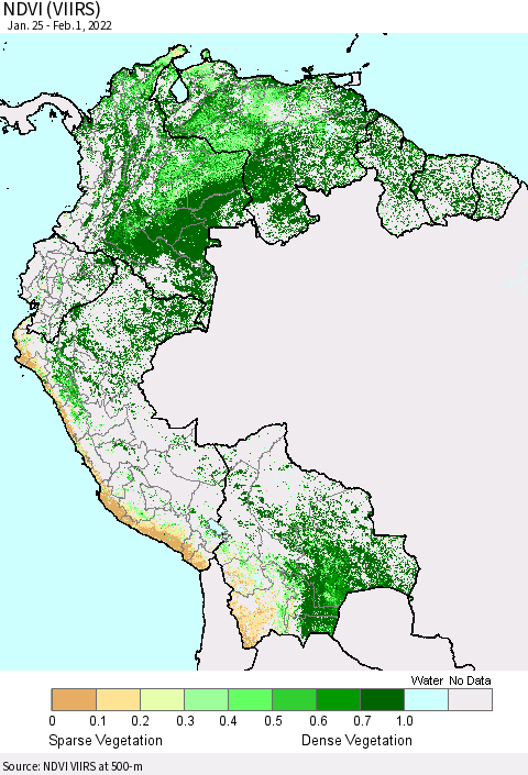 Northern South America NDVI (VIIRS) Thematic Map For 1/25/2022 - 2/1/2022