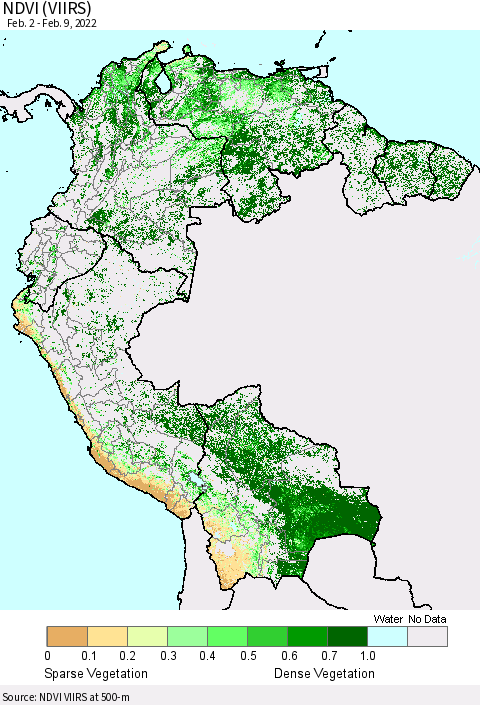 Northern South America NDVI (VIIRS) Thematic Map For 2/2/2022 - 2/9/2022