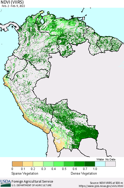 Northern South America NDVI (VIIRS) Thematic Map For 2/1/2022 - 2/10/2022