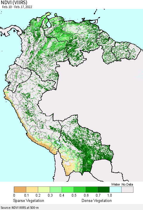 Northern South America NDVI (VIIRS) Thematic Map For 2/10/2022 - 2/17/2022