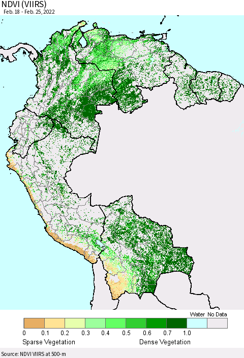 Northern South America NDVI (VIIRS) Thematic Map For 2/18/2022 - 2/25/2022