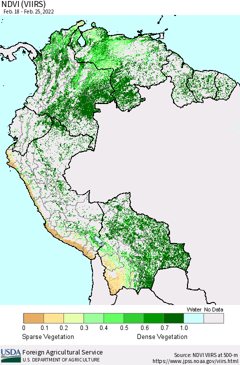 Northern South America NDVI (VIIRS) Thematic Map For 2/21/2022 - 2/28/2022