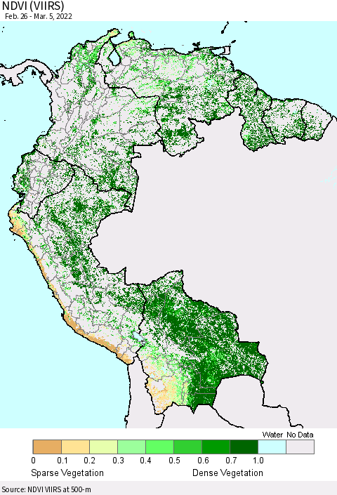 Northern South America NDVI (VIIRS) Thematic Map For 2/26/2022 - 3/5/2022