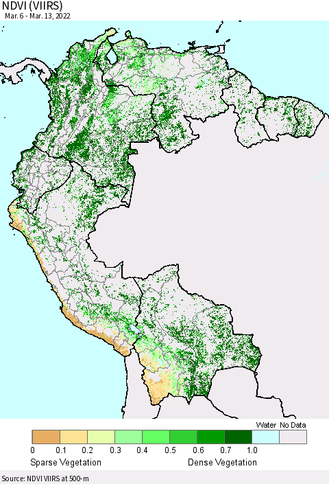 Northern South America NDVI (VIIRS) Thematic Map For 3/6/2022 - 3/13/2022