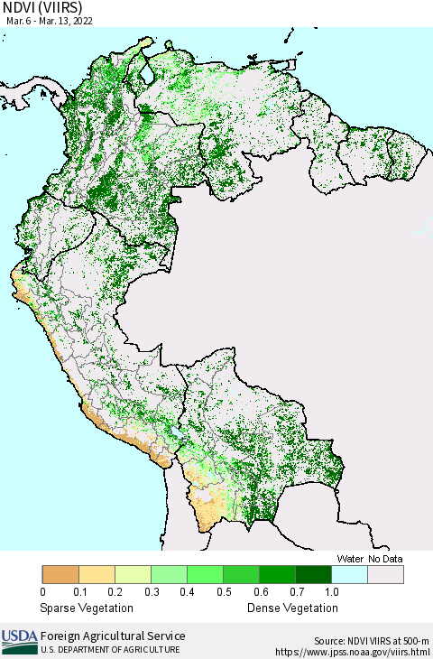 Northern South America NDVI (VIIRS) Thematic Map For 3/11/2022 - 3/20/2022