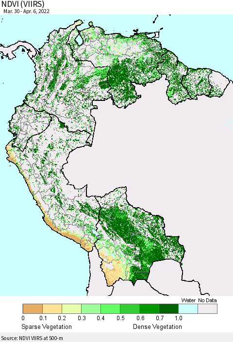 Northern South America NDVI (VIIRS) Thematic Map For 3/30/2022 - 4/6/2022
